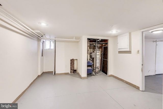 basement with water heater and baseboards