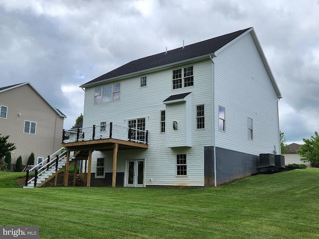 240 Banyan Dr, State College, PA 16801 - back of property featuring french doors, central air condition unit, stairway, a deck, and a yard