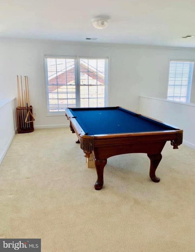 game room with pool table, carpet flooring, baseboards, and visible vents