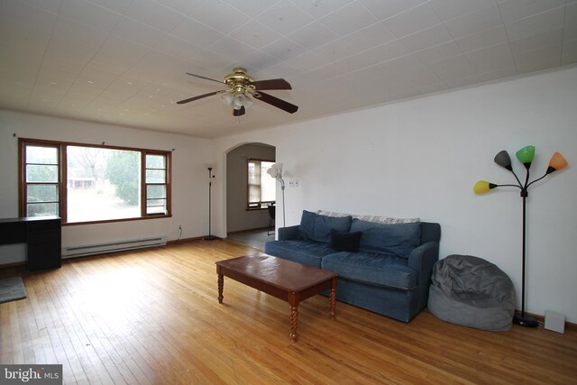 115 Crestmont Ave, State College, PA 16801 - living area featuring a ceiling fan, baseboards, a baseboard radiator, arched walkways, and light wood-type flooring