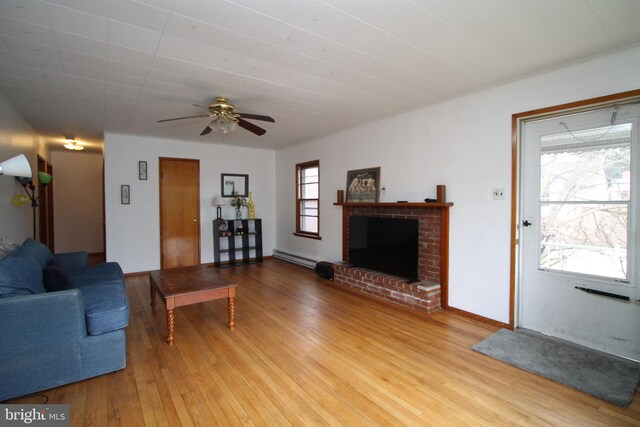 115 Crestmont Ave, State College, PA 16801 - living room featuring hardwood / wood-style floors, a fireplace, baseboards, baseboard heating, and ceiling fan