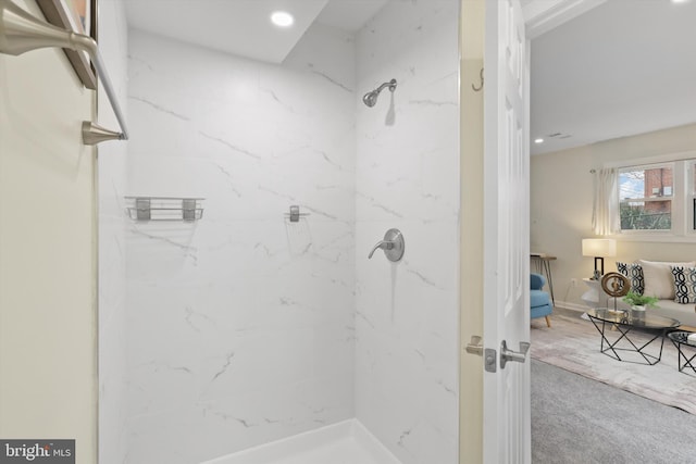 full bath with recessed lighting and a marble finish shower