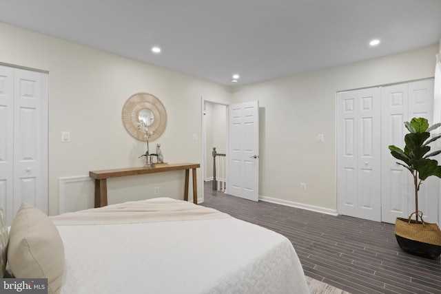 bedroom featuring dark wood finished floors, recessed lighting, and baseboards