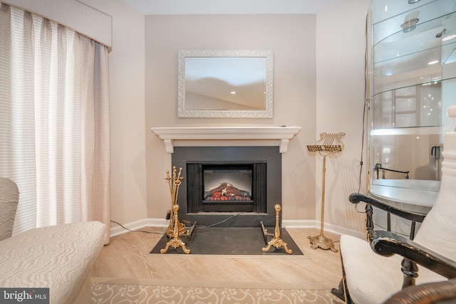 room details with a fireplace with flush hearth and baseboards