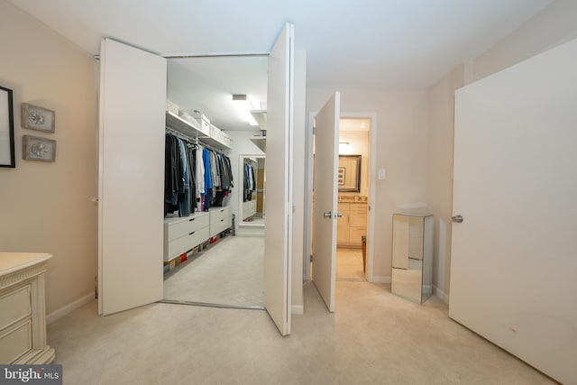 interior space featuring light colored carpet and a closet