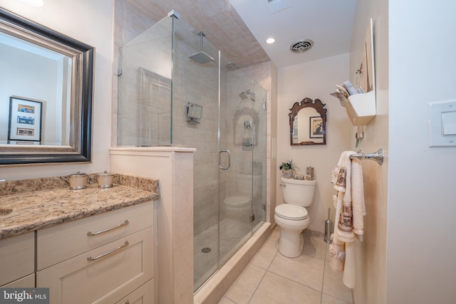 bathroom with vanity, visible vents, tile patterned flooring, a shower stall, and toilet