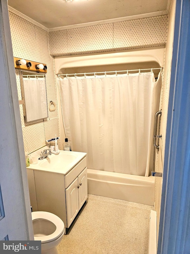 full bath with wallpapered walls, toilet, ornamental molding, vanity, and shower / bathtub combination with curtain