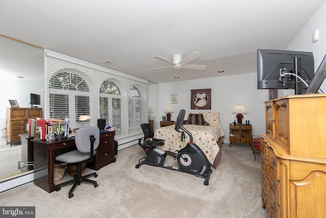 bedroom featuring a baseboard radiator, ceiling fan, visible vents, and light carpet