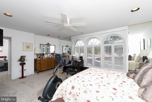 carpeted bedroom with recessed lighting, visible vents, and a ceiling fan