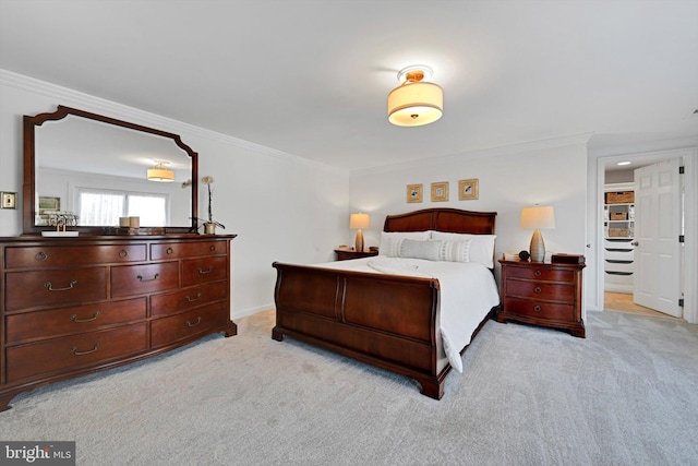 bedroom with light colored carpet and ornamental molding