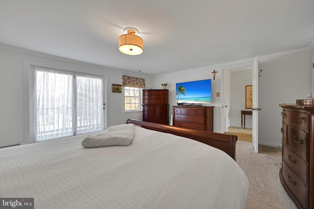 bedroom with light carpet, crown molding, and access to outside