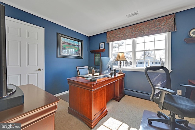 home office featuring visible vents, a baseboard heating unit, baseboards, and carpet floors