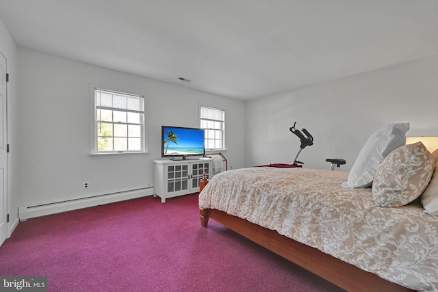 bedroom with carpet and baseboard heating