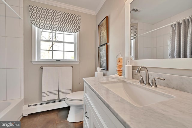 full bath with a shower with curtain, toilet, ornamental molding, a baseboard heating unit, and vanity