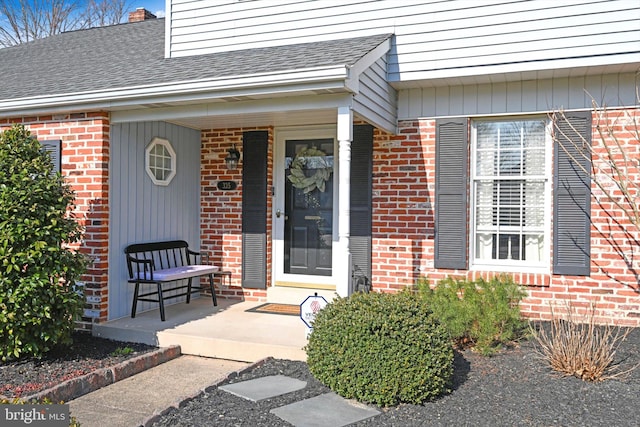 view of exterior entry featuring brick siding and a shingled roof