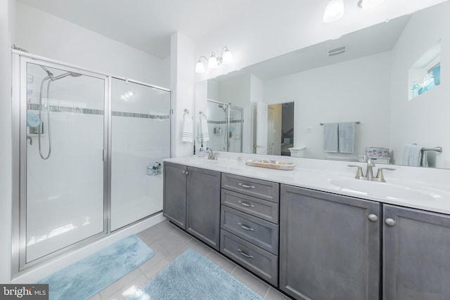 bathroom featuring tile patterned floors, visible vents, a shower stall, and a sink