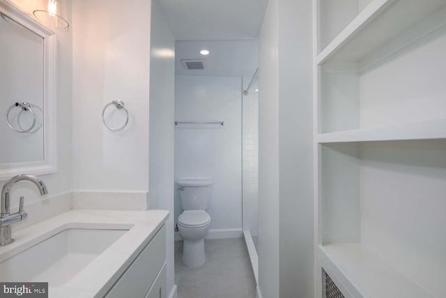 bathroom featuring visible vents, walk in shower, toilet, tile patterned floors, and vanity