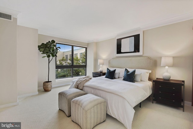 bedroom with ornamental molding, light colored carpet, visible vents, and baseboards