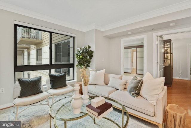 living room featuring crown molding, baseboards, and wood finished floors