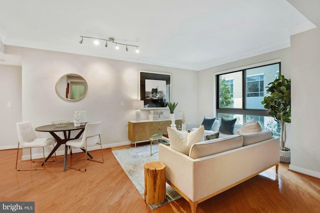 living area with light wood-type flooring, baseboards, and crown molding