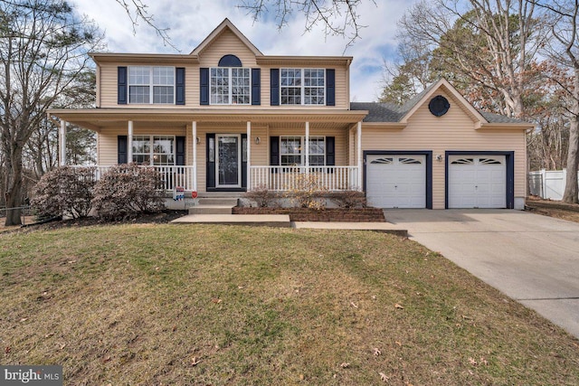 view of front of house featuring a front lawn, a porch, fence, concrete driveway, and an attached garage