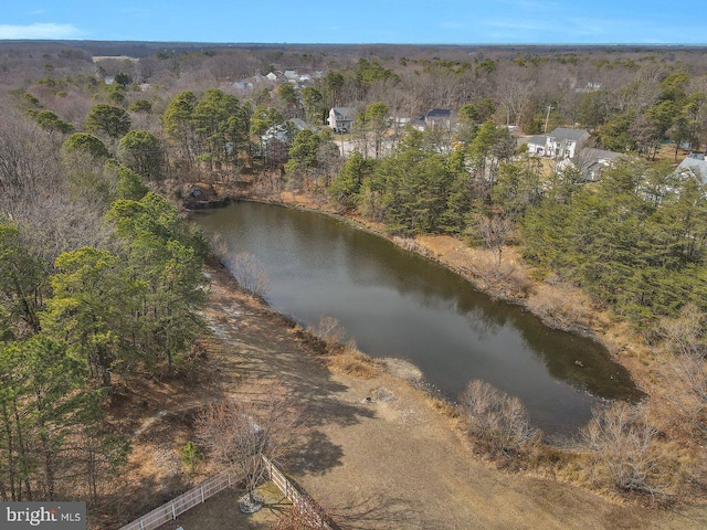 bird's eye view featuring a view of trees and a water view