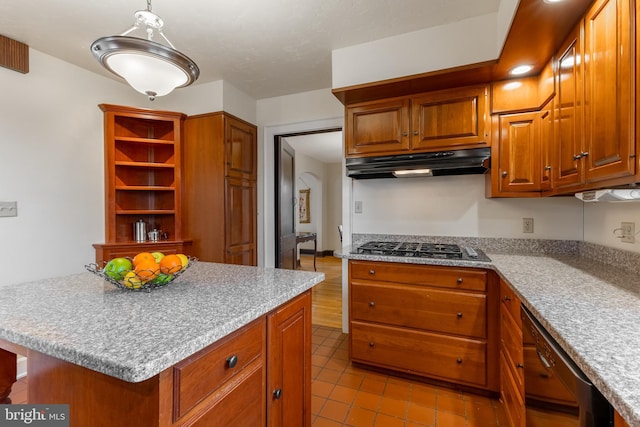 kitchen with brown cabinetry, stainless steel gas cooktop, open shelves, black dishwasher, and under cabinet range hood