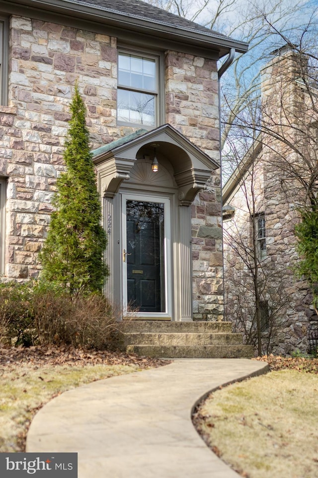 property entrance featuring stone siding