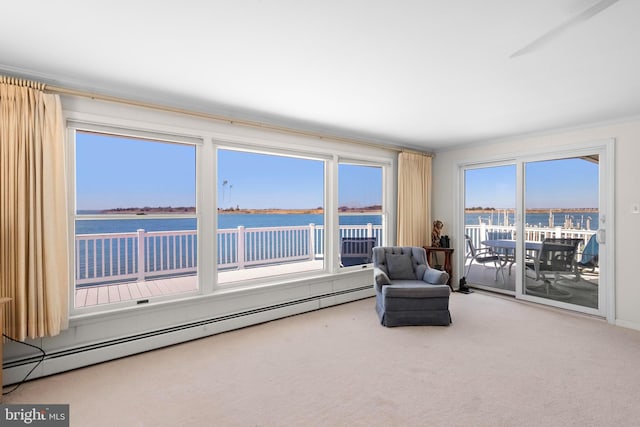 sitting room with crown molding, carpet, a water view, and a baseboard radiator