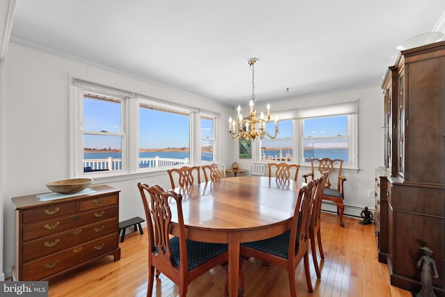 dining area featuring a baseboard heating unit, an inviting chandelier, light wood-style floors, and a healthy amount of sunlight