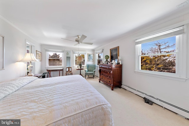 bedroom featuring light colored carpet, multiple windows, baseboard heating, and crown molding