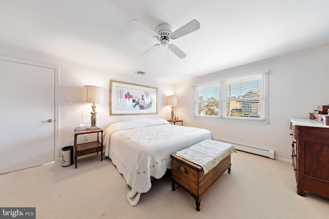 bedroom featuring a baseboard radiator, light carpet, visible vents, and ornamental molding