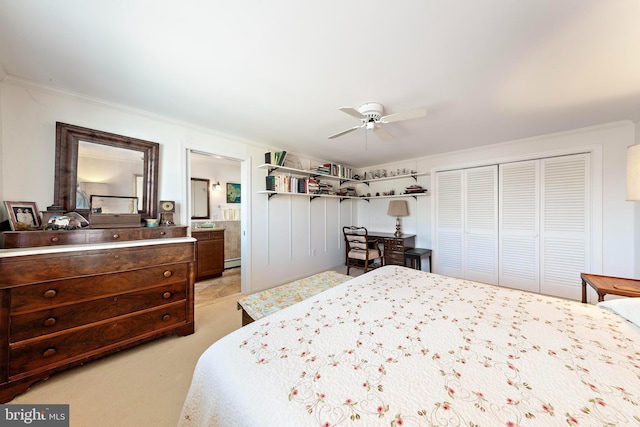 bedroom featuring a closet, ornamental molding, and a baseboard radiator