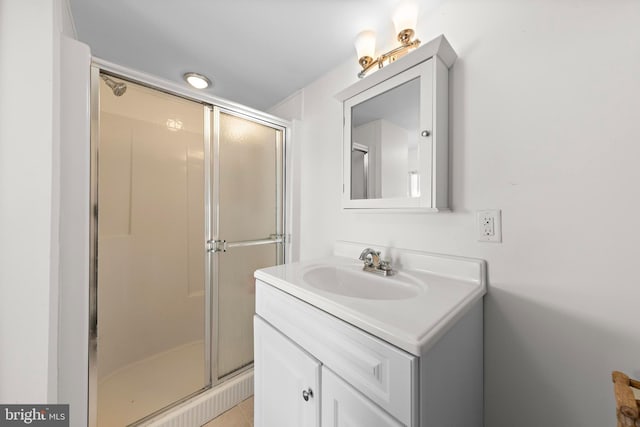 full bathroom with a stall shower and vanity