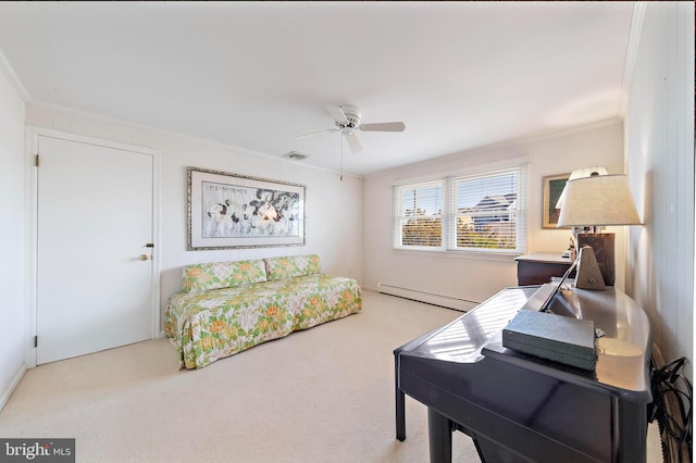 carpeted bedroom with a baseboard heating unit, a ceiling fan, visible vents, and ornamental molding