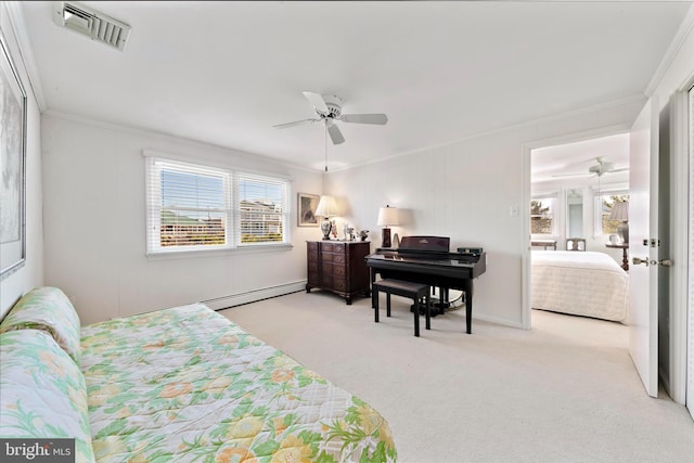 carpeted bedroom featuring ceiling fan, crown molding, visible vents, and a baseboard radiator