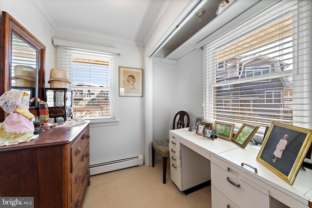 office featuring a baseboard heating unit, light carpet, and ornamental molding