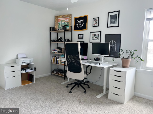 office featuring light carpet and baseboards