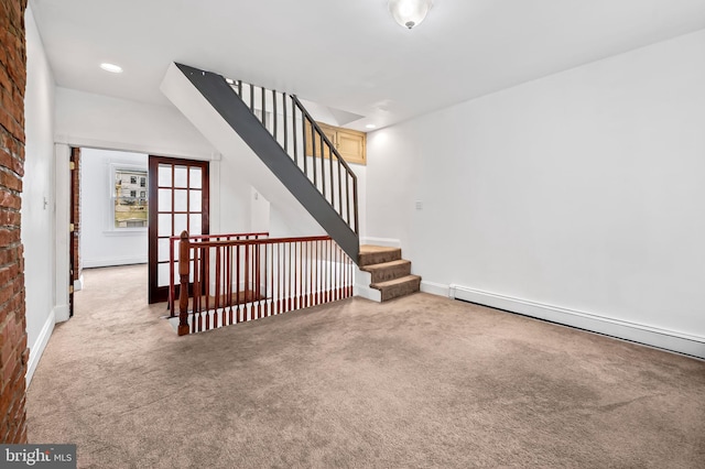 interior space with stairway, baseboards, a baseboard radiator, recessed lighting, and carpet flooring