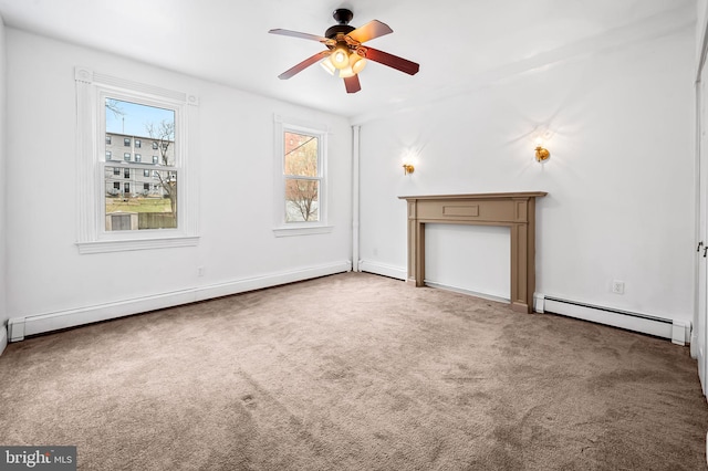 unfurnished living room featuring ceiling fan, a baseboard radiator, baseboard heating, and carpet floors