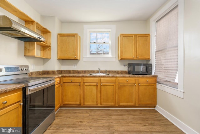 kitchen featuring a sink, ventilation hood, black microwave, electric range, and open shelves