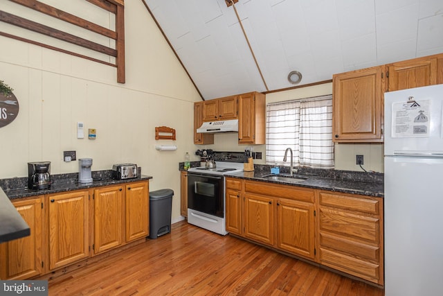 kitchen with light wood finished floors, under cabinet range hood, lofted ceiling, white appliances, and a sink