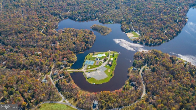 aerial view with a forest view and a water view