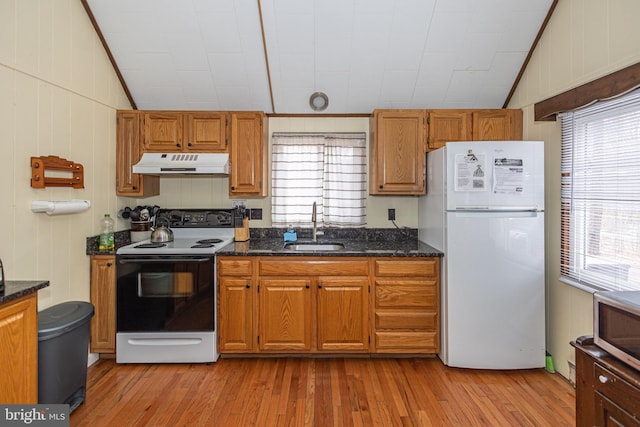 kitchen featuring lofted ceiling, electric range, freestanding refrigerator, a sink, and under cabinet range hood