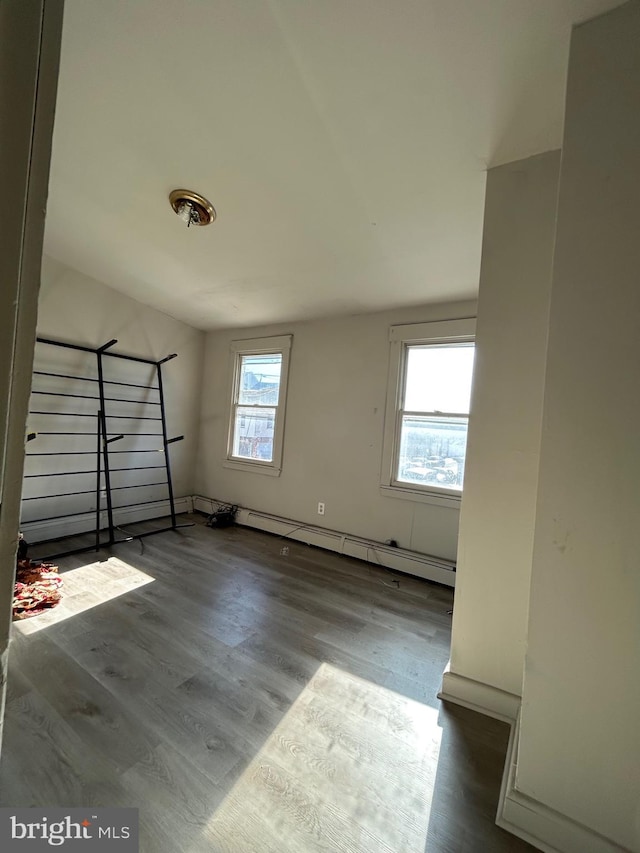 interior space with wood finished floors and a baseboard radiator