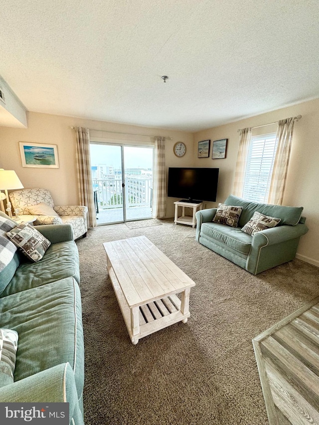 living room with baseboards, carpet floors, and a textured ceiling