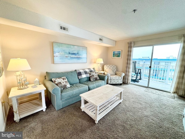 carpeted living area featuring visible vents and a textured ceiling