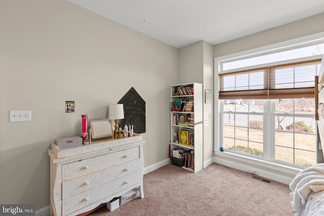 interior space featuring a wealth of natural light, visible vents, baseboards, and carpet