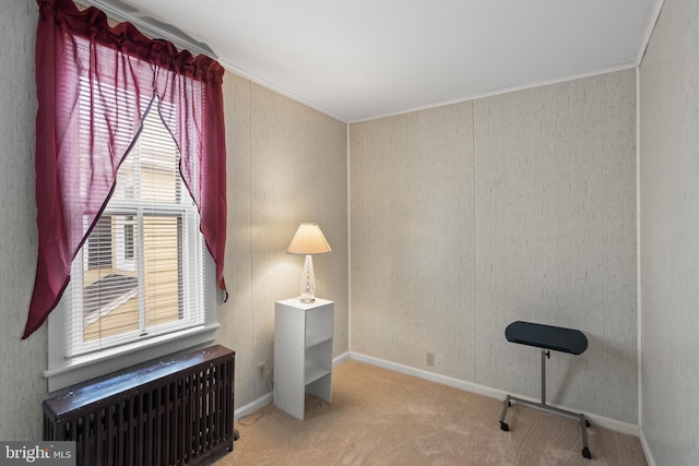 interior space featuring crown molding, baseboards, radiator heating unit, and carpet