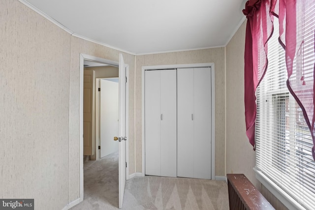 carpeted bedroom with a closet, radiator, and crown molding